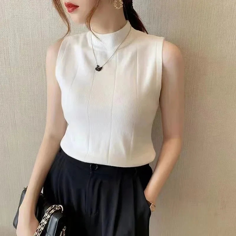 Top Casual Sem Mangas – Estilo Coreano, Malha Elástica, Primavera e Verão