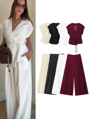 Women's Sleeveless Top and Pants Set – V-Neck, Elegant Belt, and Straight Cut 