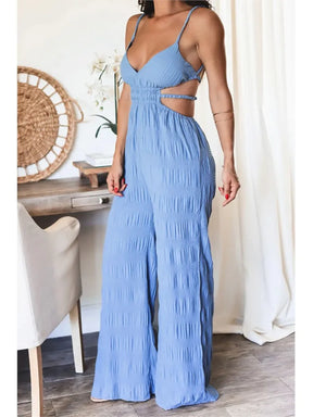 Elegant Women's Sleeveless Jumpsuit – Thin Straps, Open Back and Wide Leg 