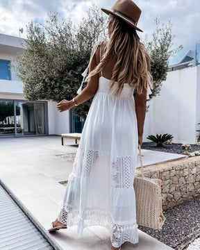 Women's White Lace Long Dress - Ideal for Vacations, Beach and Leisure