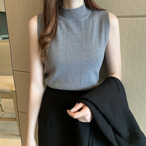 Top Casual Sem Mangas – Estilo Coreano, Malha Elástica, Primavera e Verão