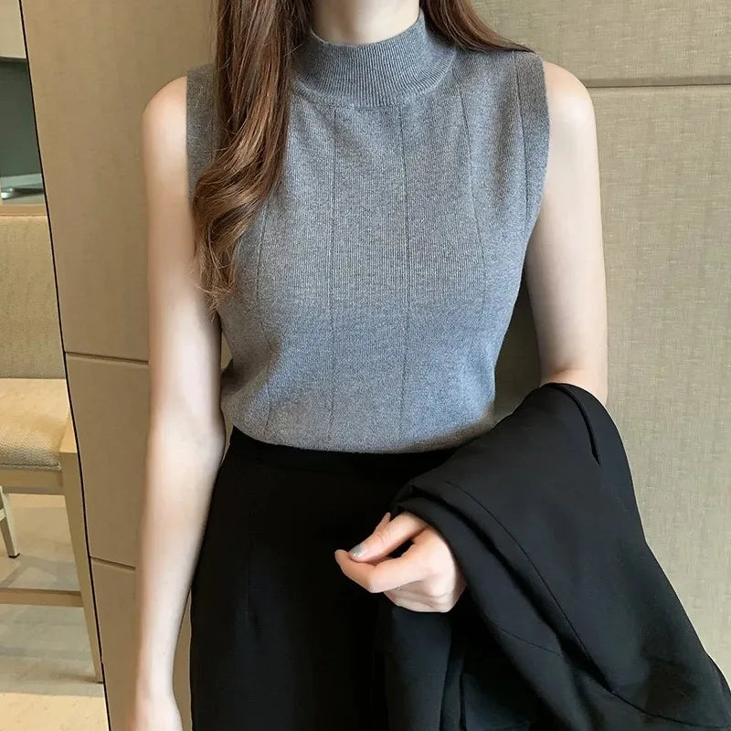 Top Casual Sem Mangas – Estilo Coreano, Malha Elástica, Primavera e Verão