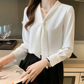 White T-shirt with Bow – Long Sleeve and Elegant Collar 