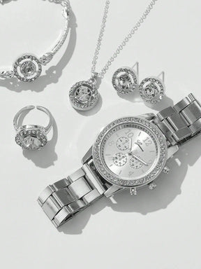 5-in-1 Jewelry Set – Watch with Earrings, Necklace, Ring and Elegant Bracelet