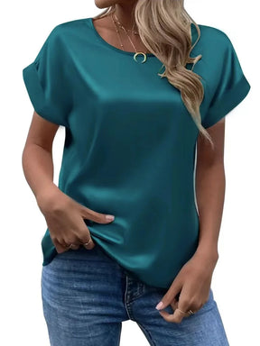 Blusa de Cetim – Casual, Manga Curta e Gola Redonda | Verão Elegante