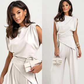 Women's Satin Set – Pleated Top with Slit and Wide Leg Pants