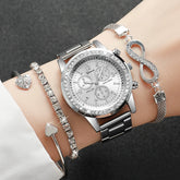 Women's Fashion Set – Silver Stainless Steel Watch with Silver Beaded Bracelet