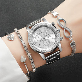 Women's Fashion Set – Silver Stainless Steel Watch with Silver Beaded Bracelet