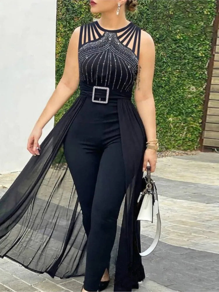 Women's Long and Elegant Sleeveless Jumpsuit – Bow-Tie, Shiny Applique Waist and Tulle Details