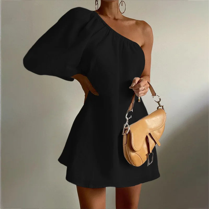 Cotton and Linen Midi Dress – One Shoulder with Puff Sleeves