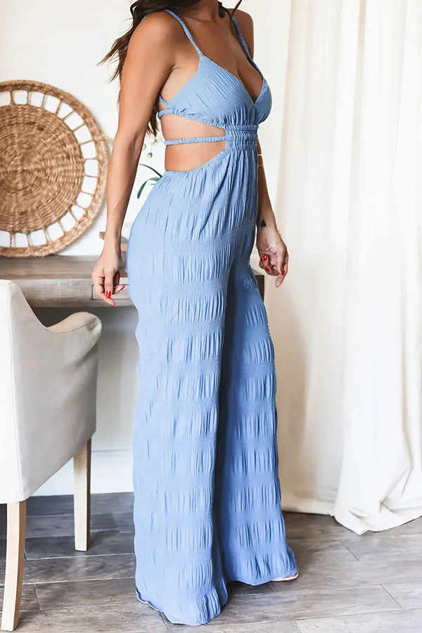 Elegant Women's Sleeveless Jumpsuit – Thin Straps, Open Back and Wide Leg 