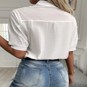 Camisa Branca Verão 2024 – Manga Curta Elegante, Croché Vintage, Blusa Vazado em Algodão