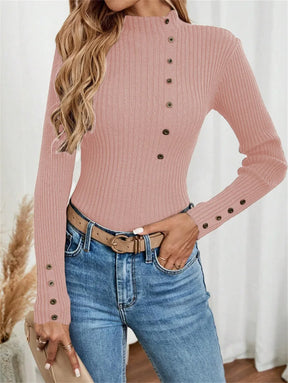 Blusa Elegante de Malha com Botões e Manga Comprida – Camada Confortável