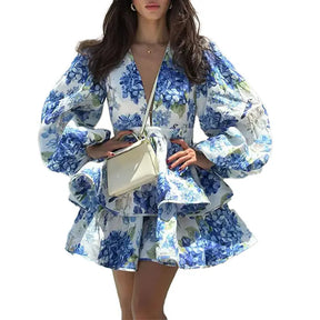 Short Dress with Vintage Print – Elegant Long Sleeve Model with Ruffles