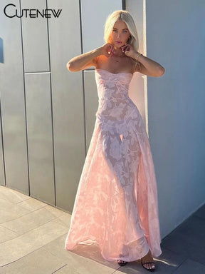 Vestido Maxi Feminino Verão 2025 – Floral Elegante, Tule Transparente, Sem Mangas