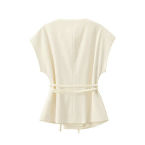 Women's Sleeveless Top and Pants Set – V-Neck, Elegant Belt, and Straight Cut 