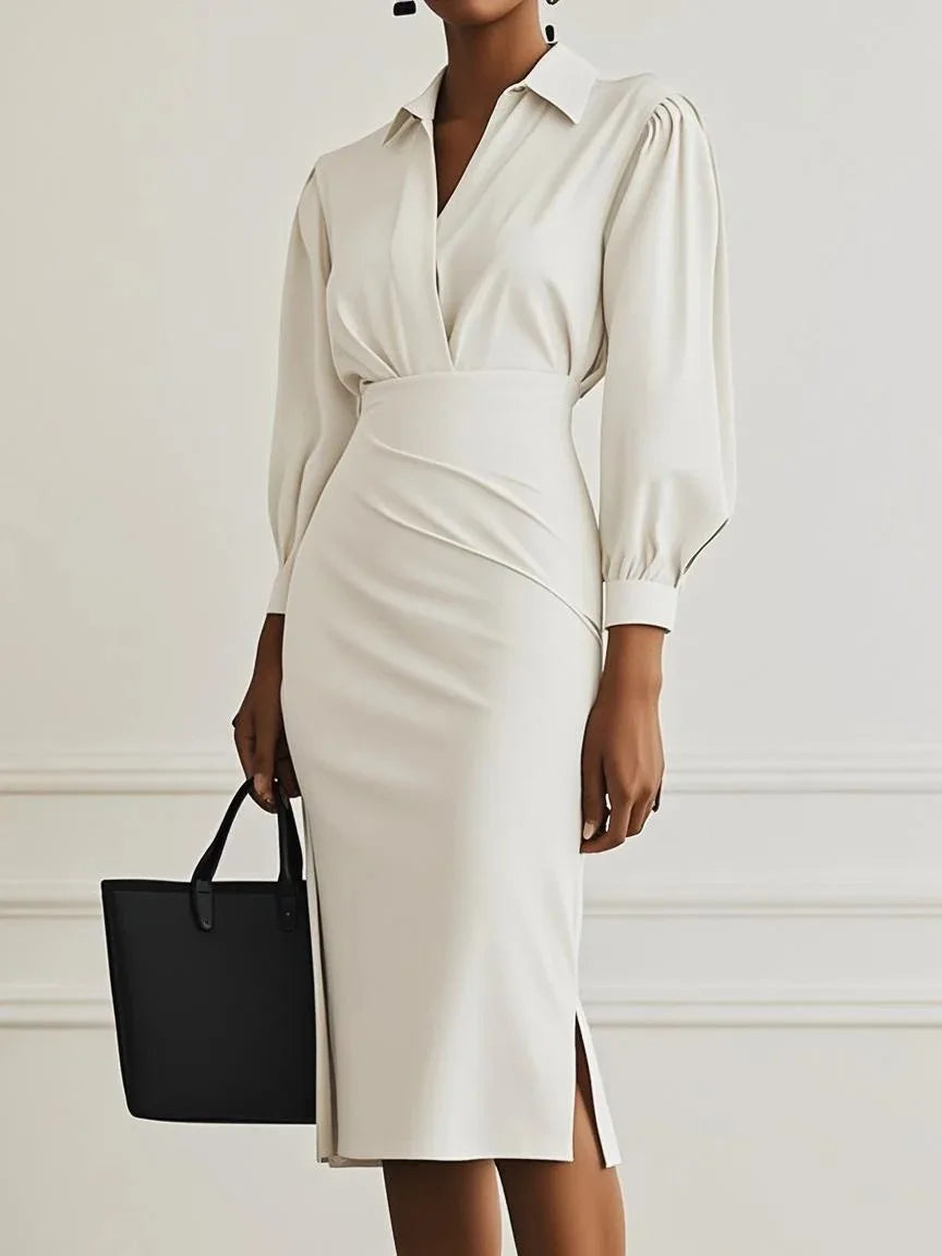 Women's Winter Midi Dress 2025 – Pleated Elegance with V-Neckline and Long Sleeves