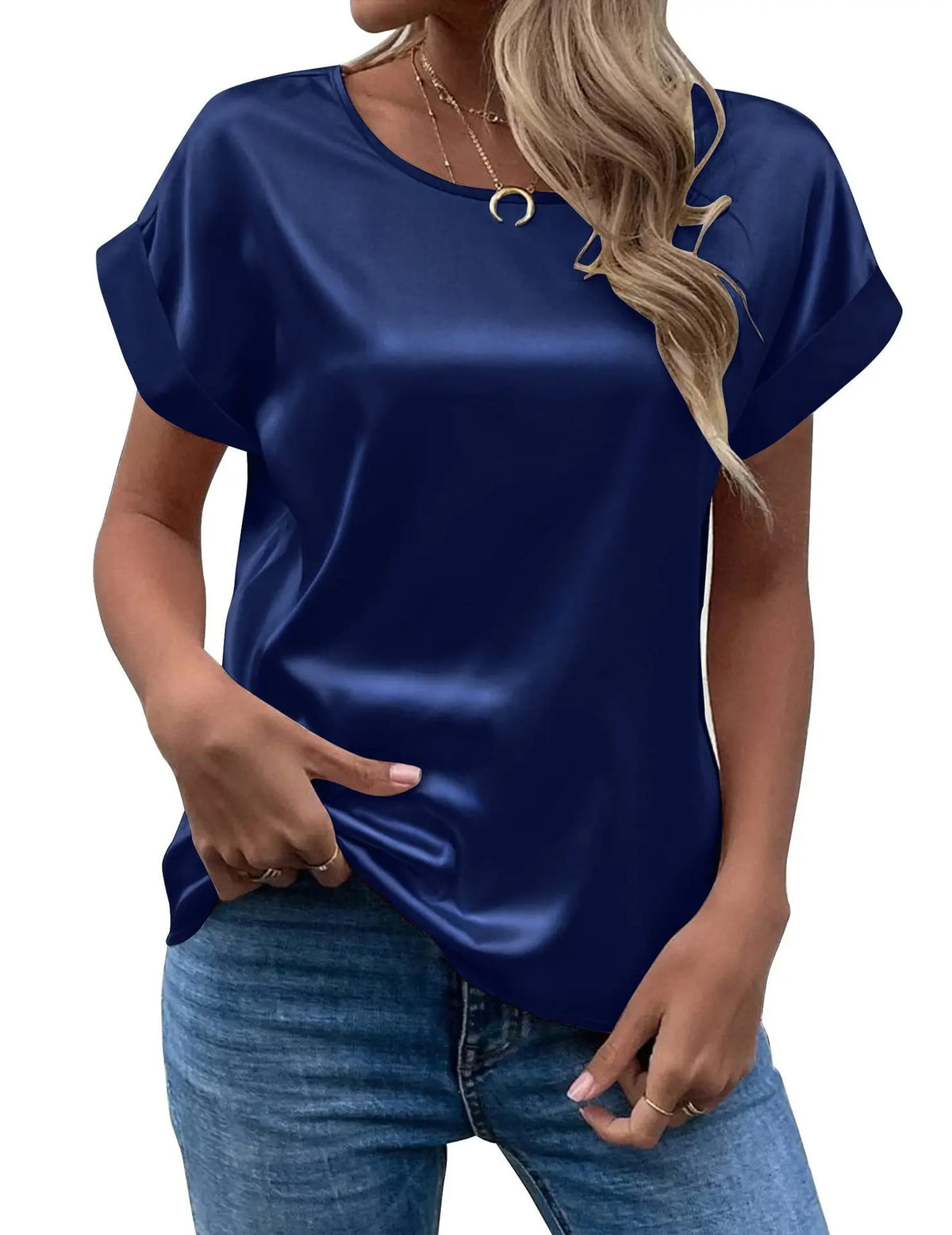 Blusa de Cetim – Casual, Manga Curta e Gola Redonda | Verão Elegante