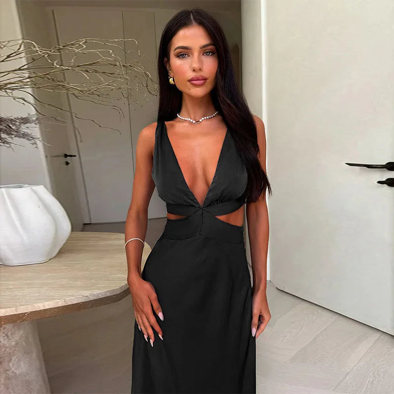 Long Dress with Deep V-Neckline – Elegant Cutouts, Side Slit and High Waist