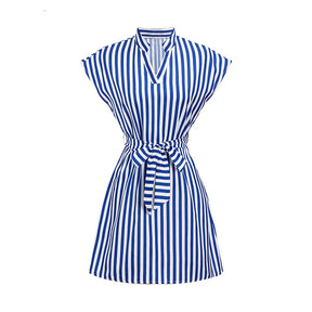 Casual A-Line Dress – Sleeveless, Shirt Collar, and Striped Print 