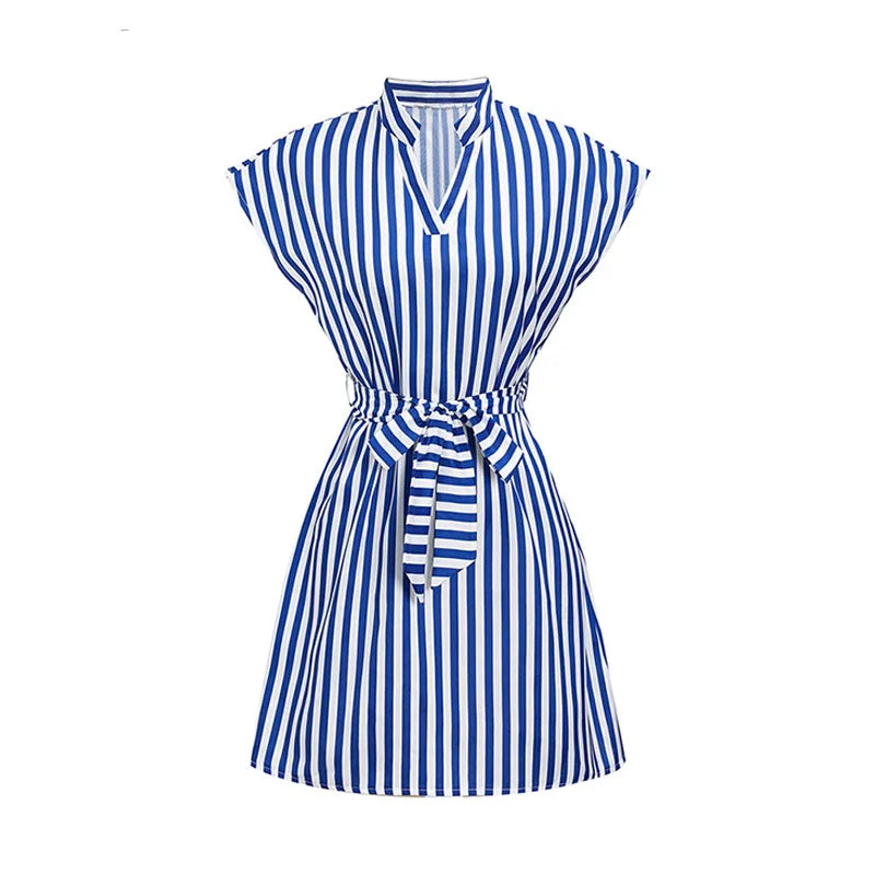 Casual A-Line Dress – Sleeveless, Shirt Collar, and Striped Print 