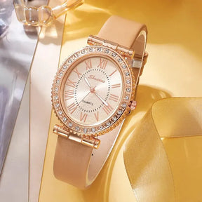 Luxury Women's Watch Set – Leather Strap, Analog Display and Elegant Bracelet