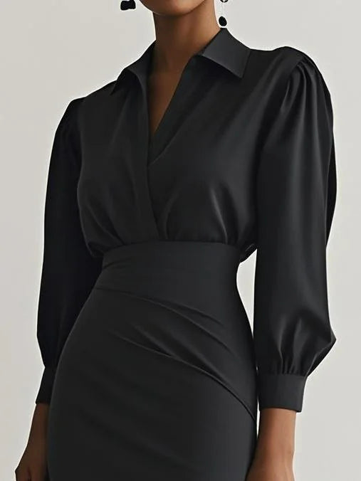Women's Winter Midi Dress 2025 – Pleated Elegance with V-Neckline and Long Sleeves