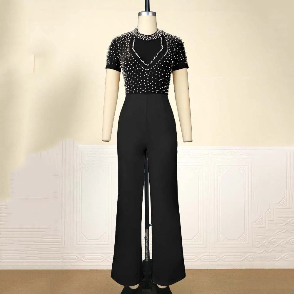 Women's Luxury Pearl Jumpsuit – O-Neck, Short Sleeves and High Waist