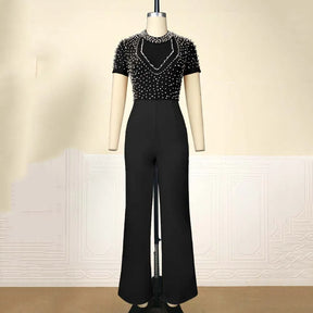 Women's Luxury Pearl Jumpsuit – O-Neck, Short Sleeves and High Waist
