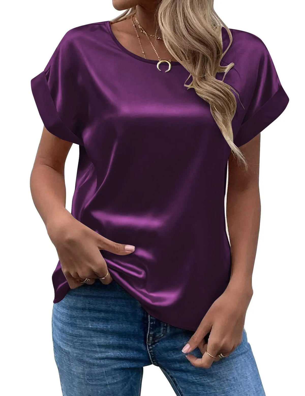Camisa Feminina de Verão em Cetim – Elegante, Solta e com Gola Redonda | Manga Curta