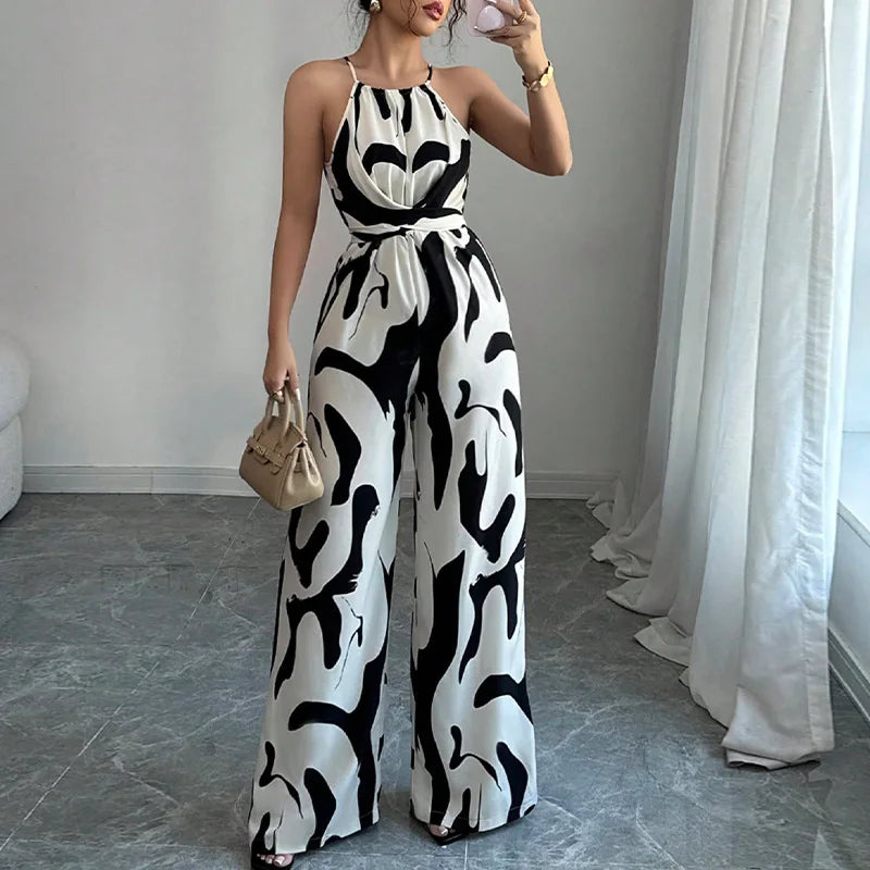 Women's Long Jumpsuit with Halter Neckline – Printed, Sleeveless, High Waist with Bow and Wide Leg Pants 