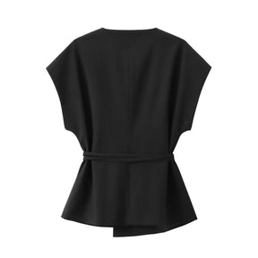 Women's Sleeveless Top and Pants Set – V-Neck, Elegant Belt, and Straight Cut 