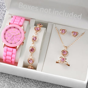 Women's Set with 5 or 6 Pieces – Quartz Watch with Silicone Strap and Jewelry