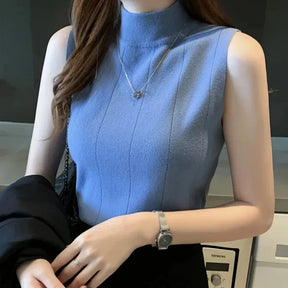 Top Casual Sem Mangas – Estilo Coreano, Malha Elástica, Primavera e Verão