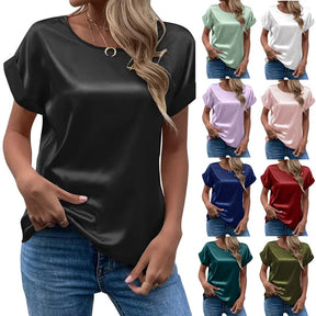 Camisa Feminina de Verão em Cetim – Elegante, Solta e com Gola Redonda | Manga Curta
