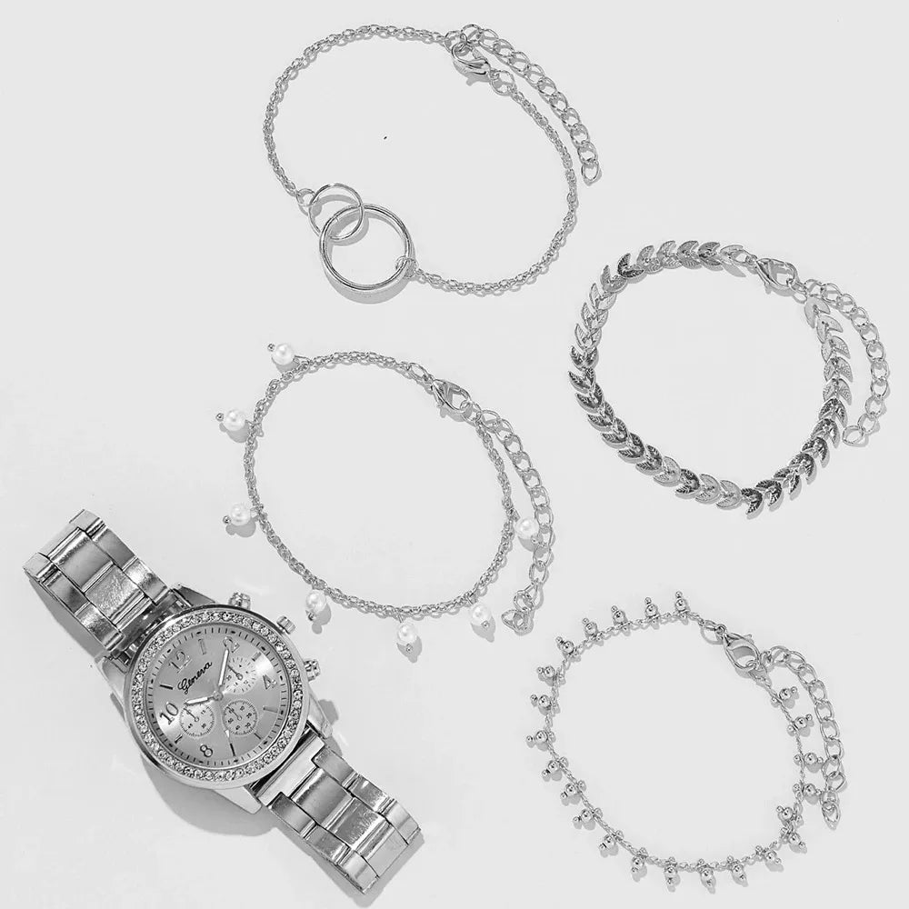 Conjunto Feminino 5 Peças – Relógio Prateado com Detalhes de Strass e Pulseira Metálica