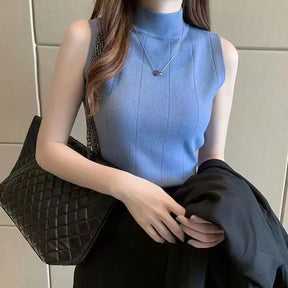 Top Casual Sem Mangas – Estilo Coreano, Malha Elástica, Primavera e Verão
