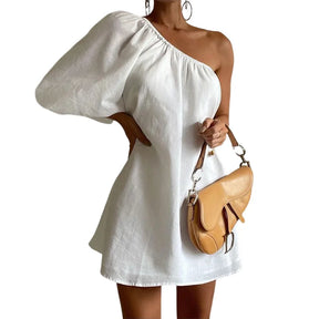 Cotton and Linen Midi Dress – One Shoulder with Puff Sleeves