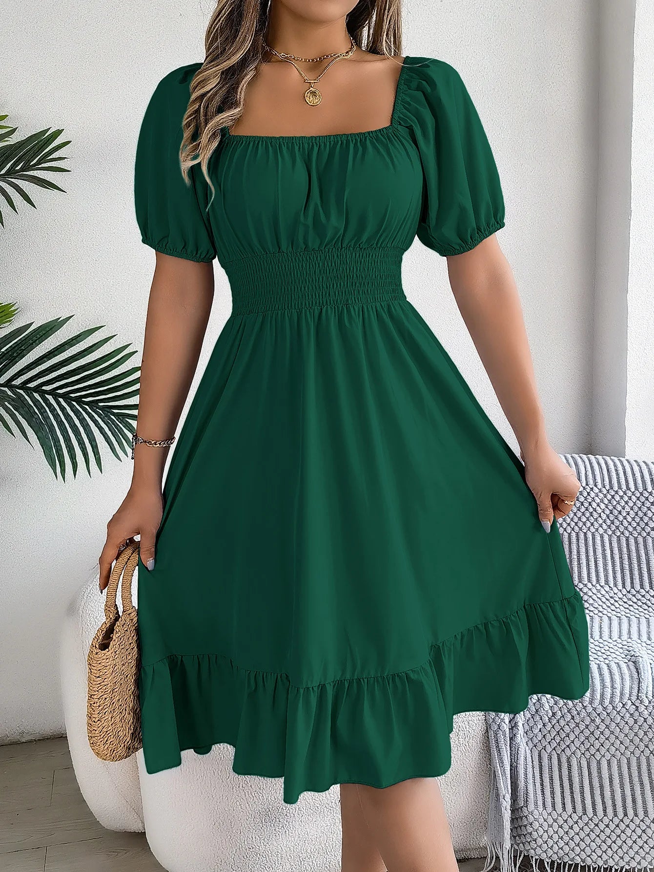 Midi Dress – Summer Casual with Square Neckline, Short Sleeves and Ruffled Waist