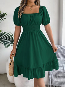 Midi Dress – Summer Casual with Square Neckline, Short Sleeves and Ruffled Waist