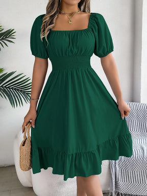 Midi Dress – Summer Casual with Square Neckline, Short Sleeves and Ruffled Waist