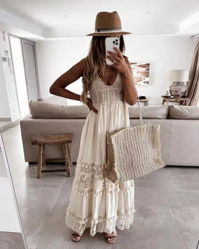 Women's White Lace Long Dress - Ideal for Vacations, Beach and Leisure