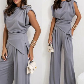Women's Satin Set – Pleated Top with Slit and Wide Leg Pants