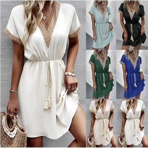 Vestido Elegante – Renda, Decote em V e Cintura Marcada| Verão 2025