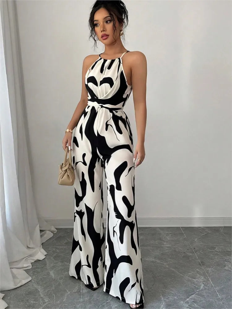 Women's Long Jumpsuit with Halter Neckline – Printed, Sleeveless, High Waist with Bow and Wide Leg Pants 