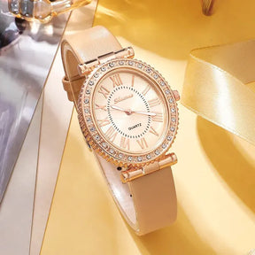 Luxury Women's Watch Set – Leather Strap, Analog Display and Elegant Bracelet
