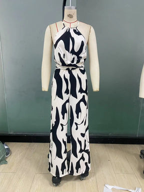 Women's Long Jumpsuit with Halter Neckline – Printed, Sleeveless, High Waist with Bow and Wide Leg Pants 