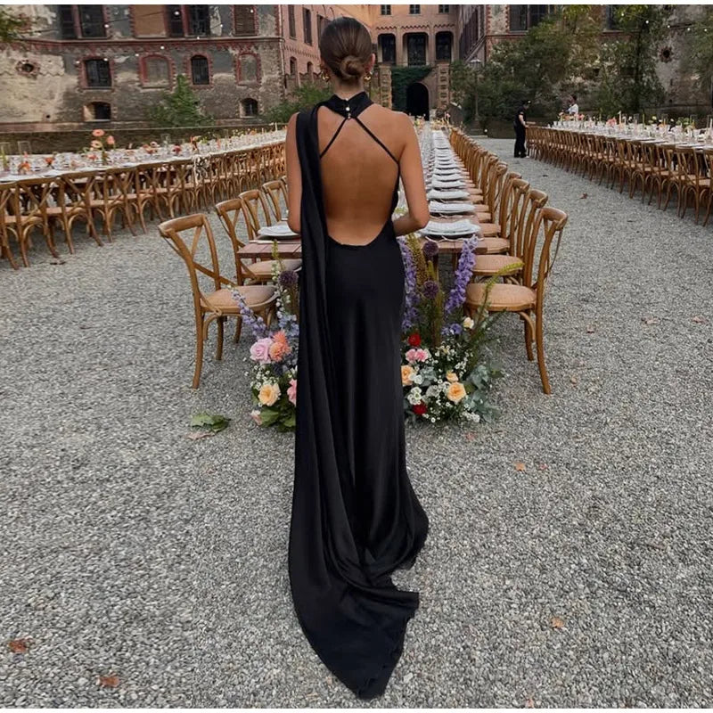 Satin Prom Dress with Bow – Elegant, Halter Neckline, Off-the-Shoulder and Open Back