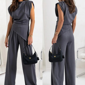 Women's Satin Set – Pleated Top with Slit and Wide Leg Pants