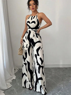 Women's Long Jumpsuit with Halter Neckline – Printed, Sleeveless, High Waist with Bow and Wide Leg Pants 